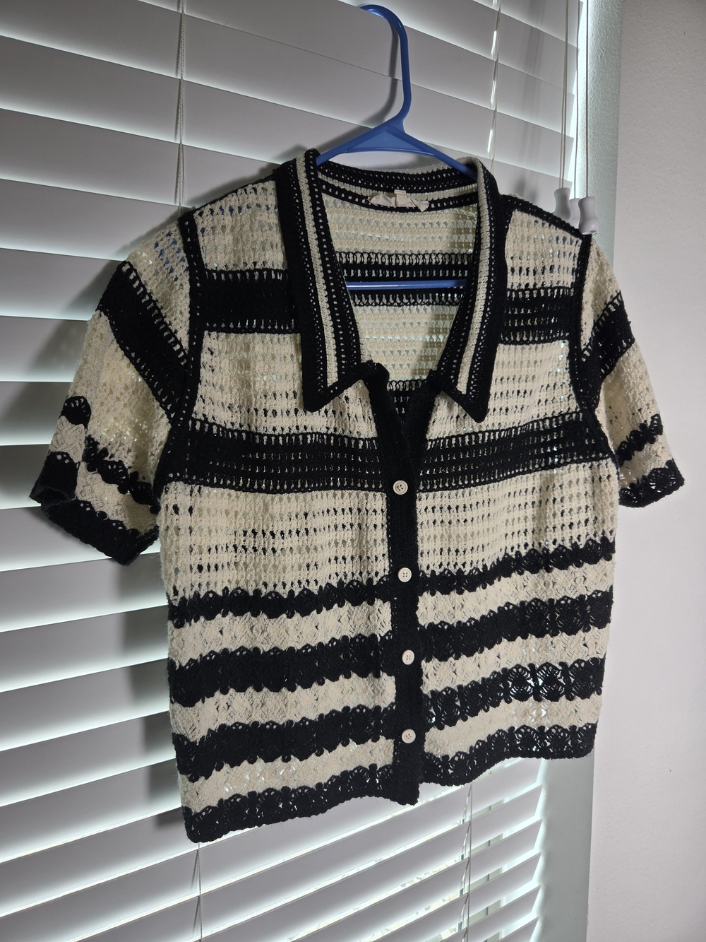 Cream & Black Crochet Knit Striped Top